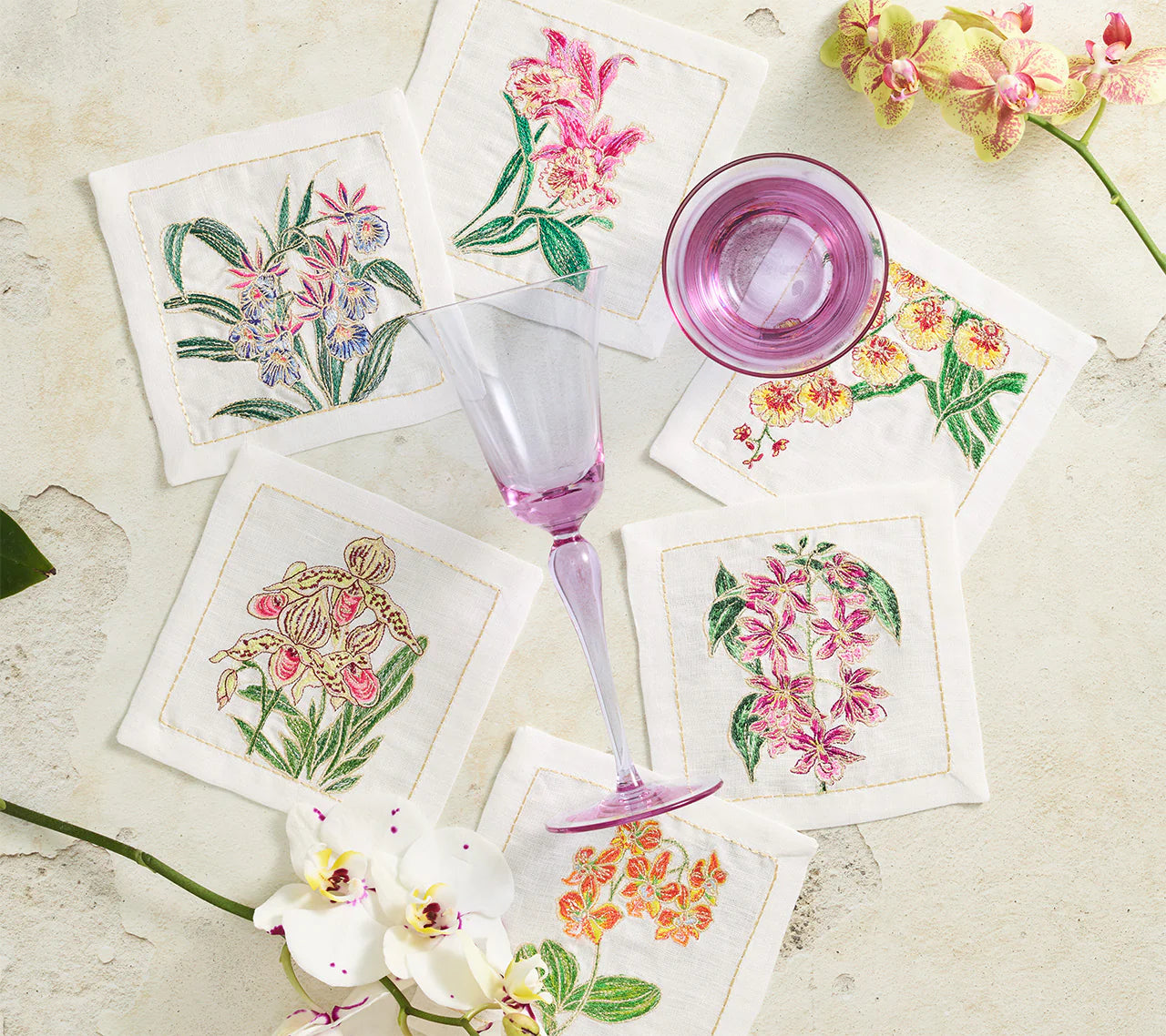 Cocktail Napkin Orchid White Mul Set 6